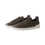 ZEGNA Triple Stitch SECONDSKIN Leather Sneakers Dark Taupe - Image 2